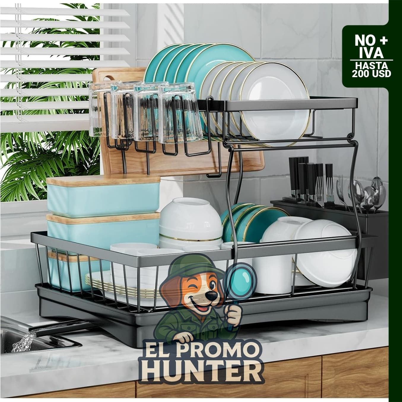 Escurridor de platos grande 7 code, organizador desmontable de 2 niveles con soporte para utensilios.