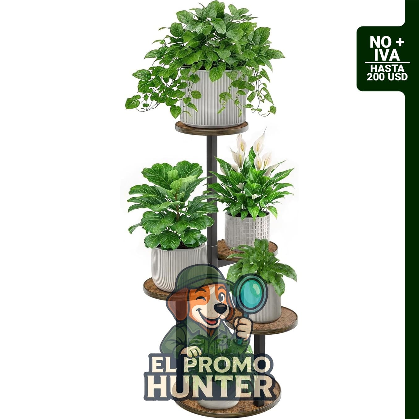 Soporte esquinero de 5 niveles para interiores y exteriores, de madera y metal, para múltiples plantas.