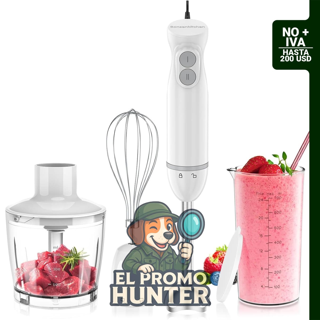 Bonsenkitchen Batidora de mano, emulsión 4 en 1 con 2 velocidades.