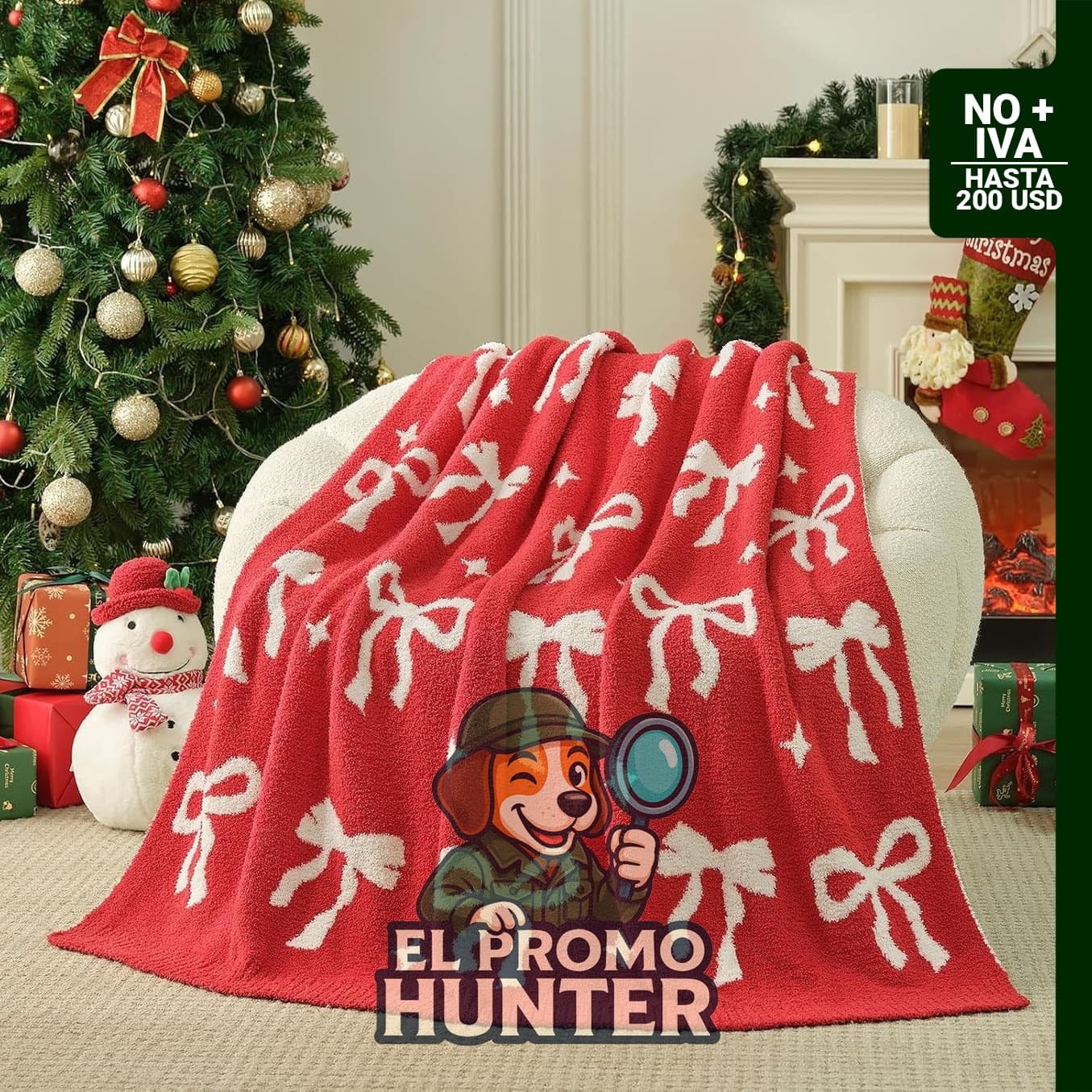 Snuggle Sac Manta con Lazo Roja de Navidad 50x60 pulgadas, manta suave para sofá, sillón y cama.