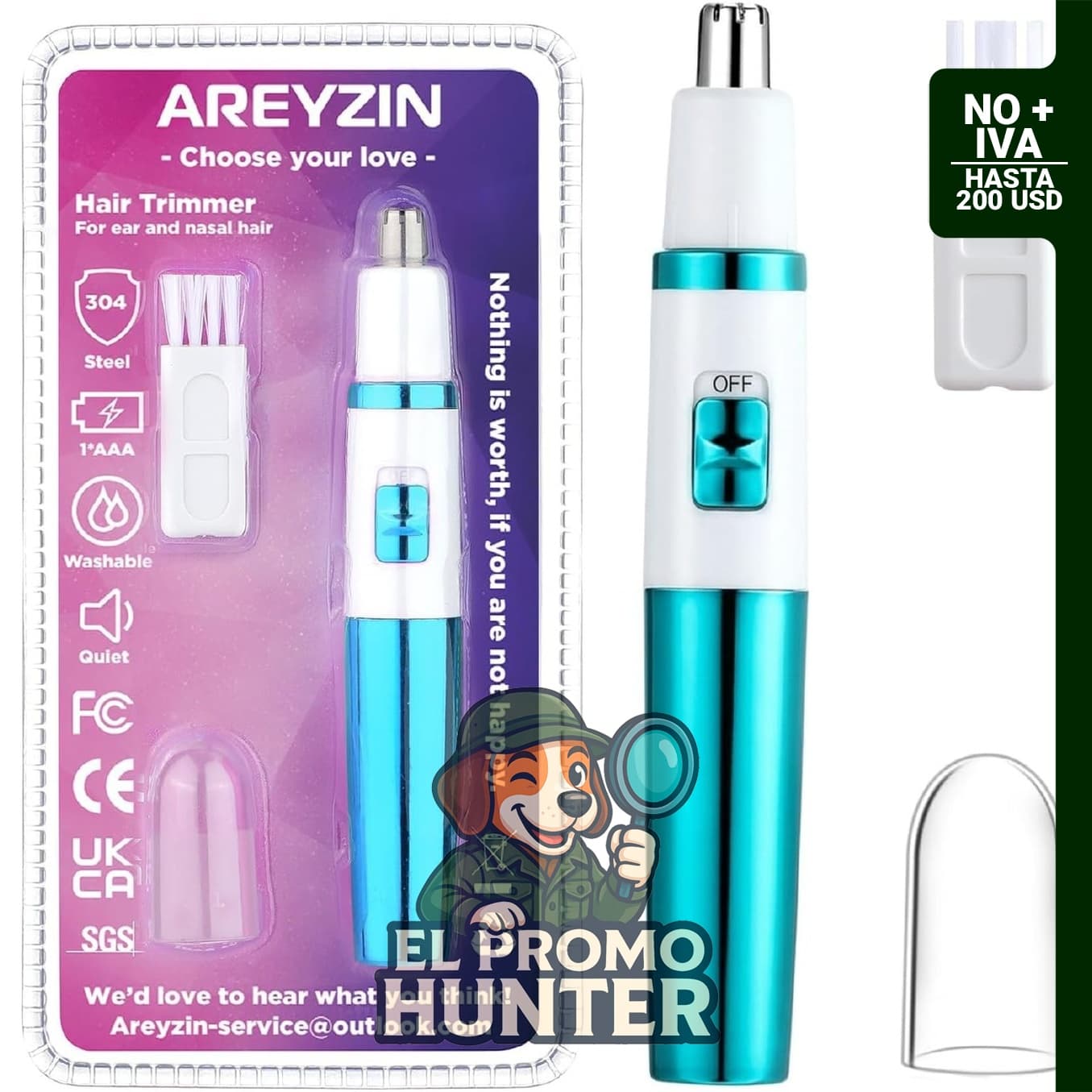 AREYZIN Cortapelos de orejas y nariz, cortadora profesional a pilas con cuchillas de doble borde impermeables IPX7.