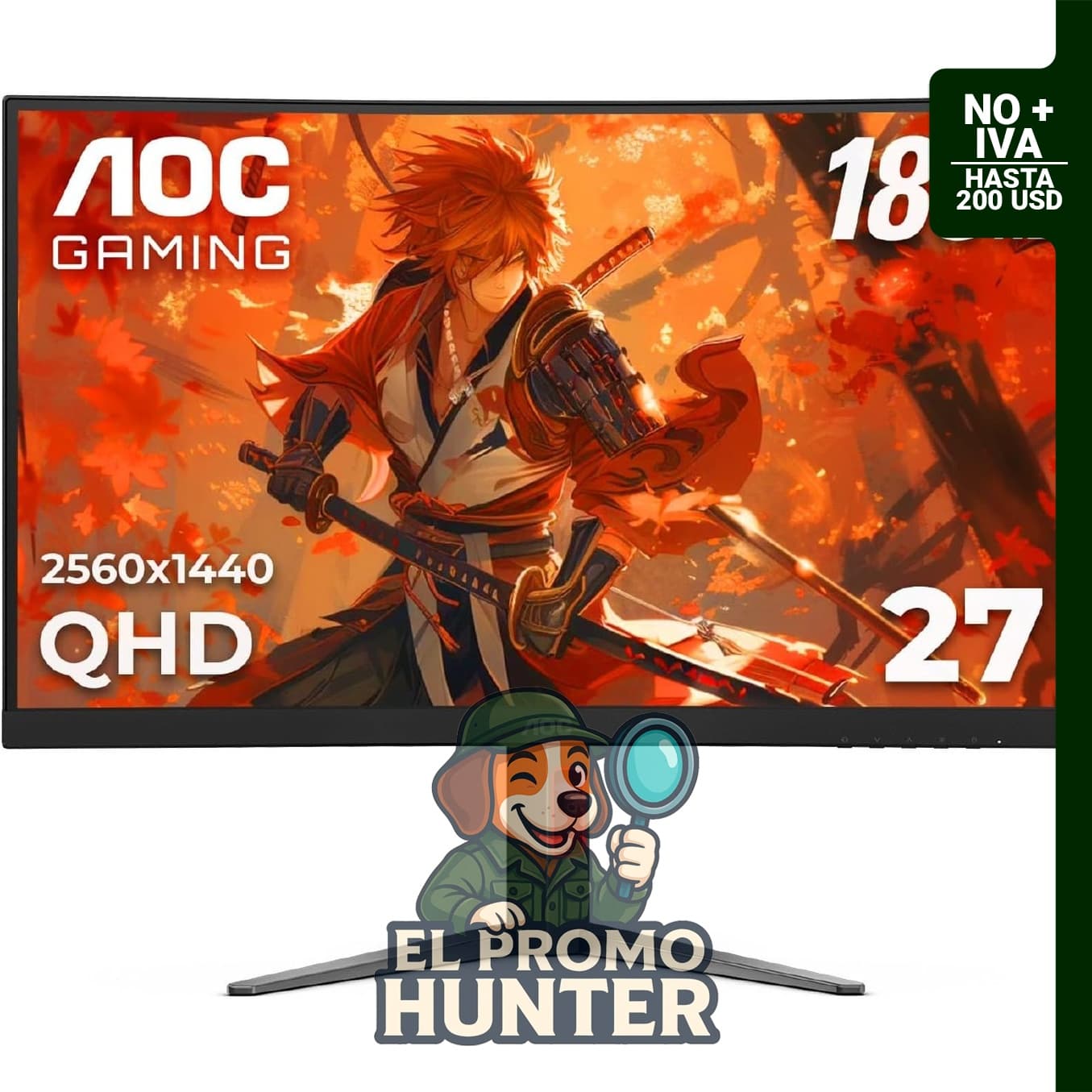 AOC CQ27G4H Monitor curvo de 27" (68.6 cm) QHD 2560x1440, 1500R VA, 180Hz, 0.5ms, AMD FreeSync Premium.