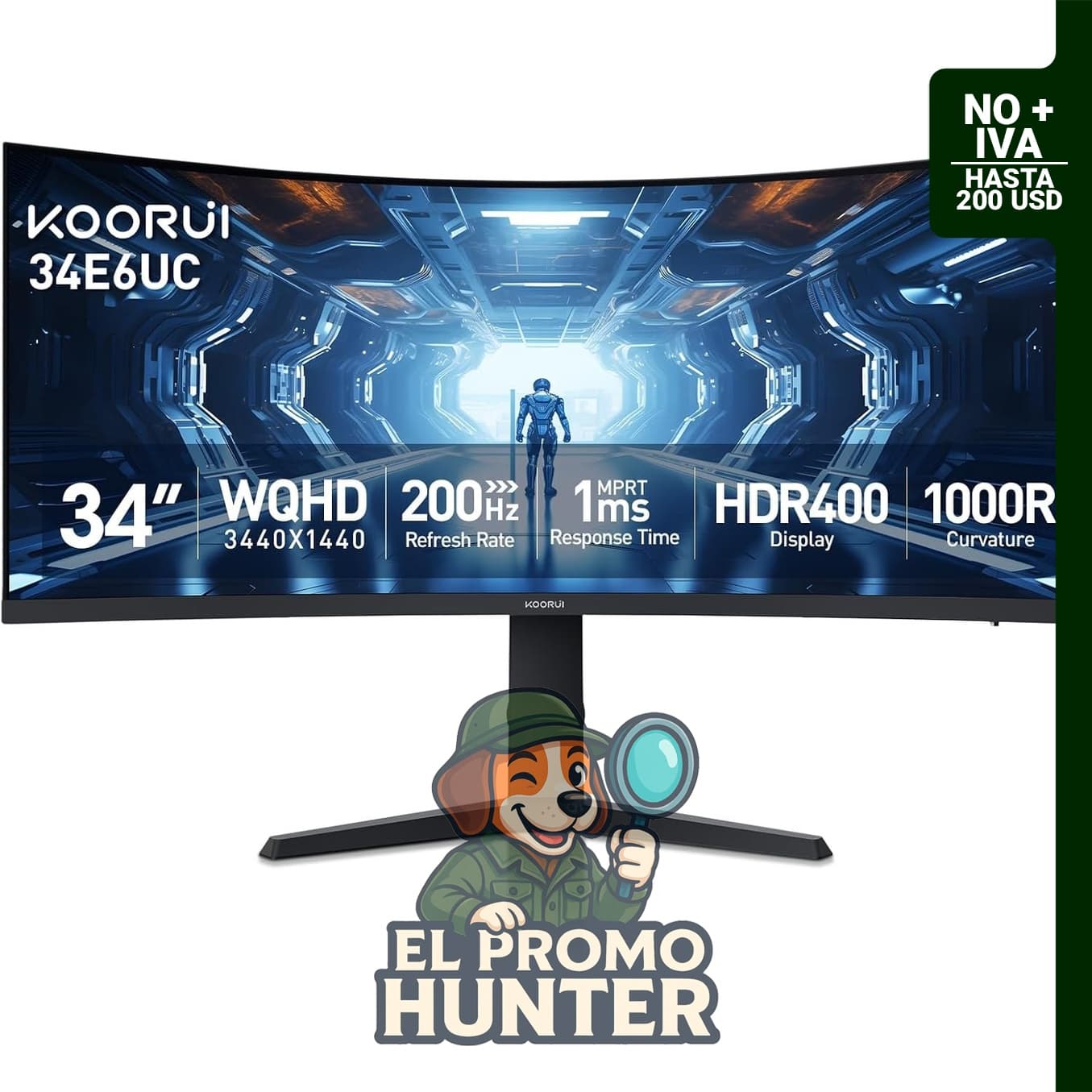 KOORUI Monitor curvo ultraancho WQHD 3440×1440 de 34" (86 cm), 180Hz, 1ms (MPRT), HDR400.