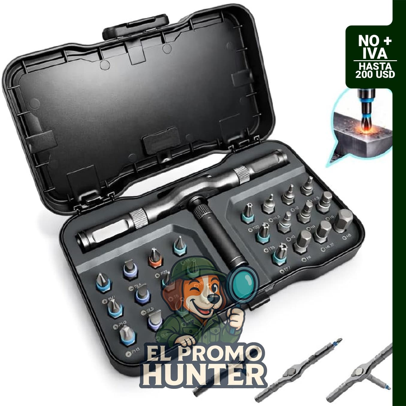 Juego de destornilladores de trinquete con puntas magnéticas, incluye Allen, Torx y ranurados.