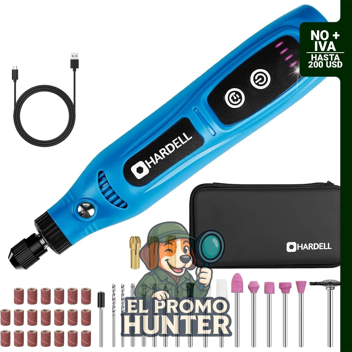 HARDELL Mini herramienta giratoria inalámbrica de 3.7V con 43 accesorios y 5 velocidades ajustables.