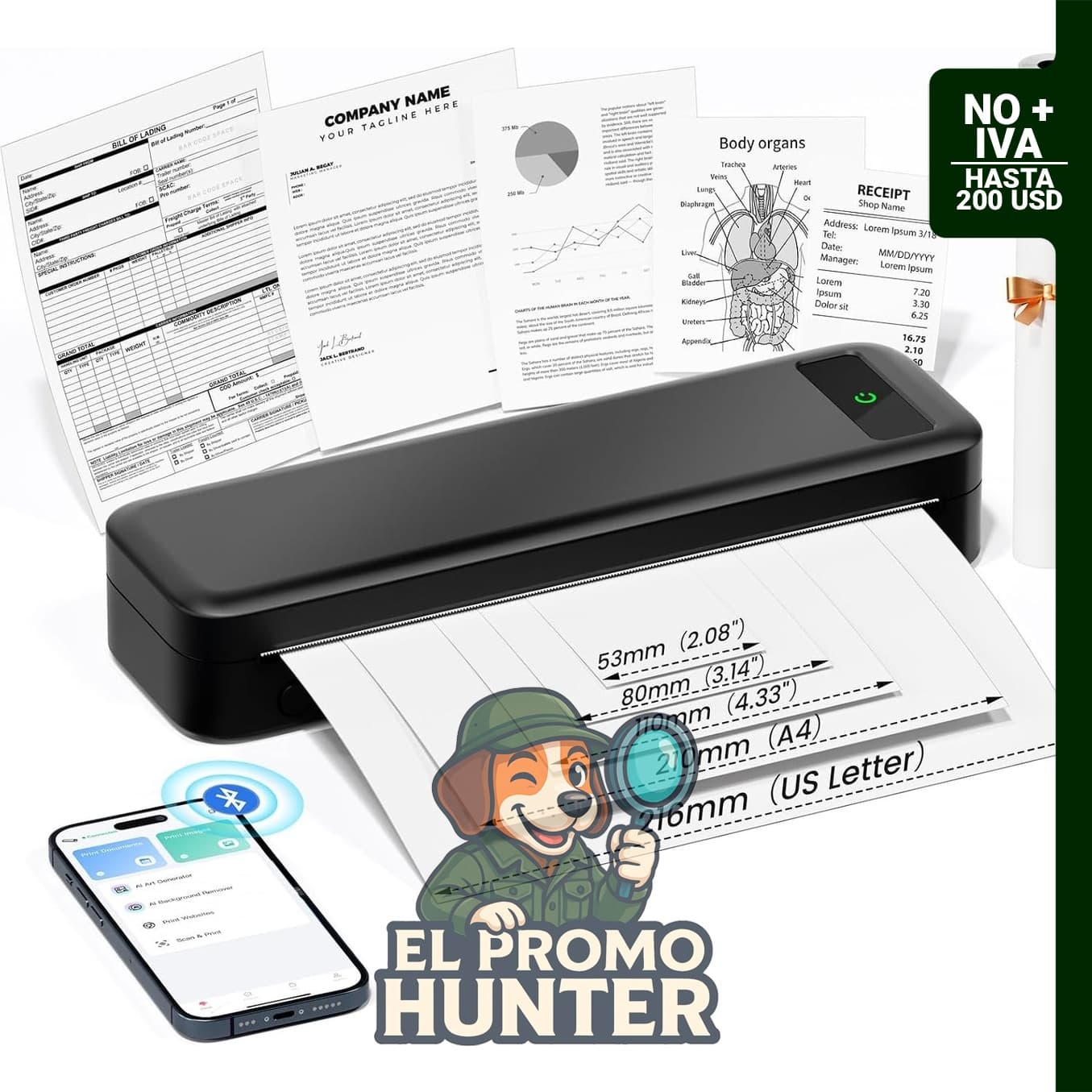 Impresora térmica portátil inalámbrica, compatible con papel A4 y Bluetooth.