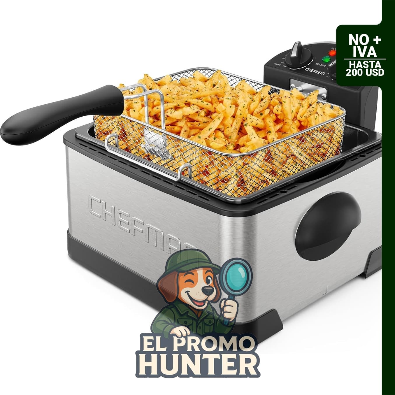 Chefman Freidora de 4.5 litros con colador de canasta, temperatura y temporizador ajustables.