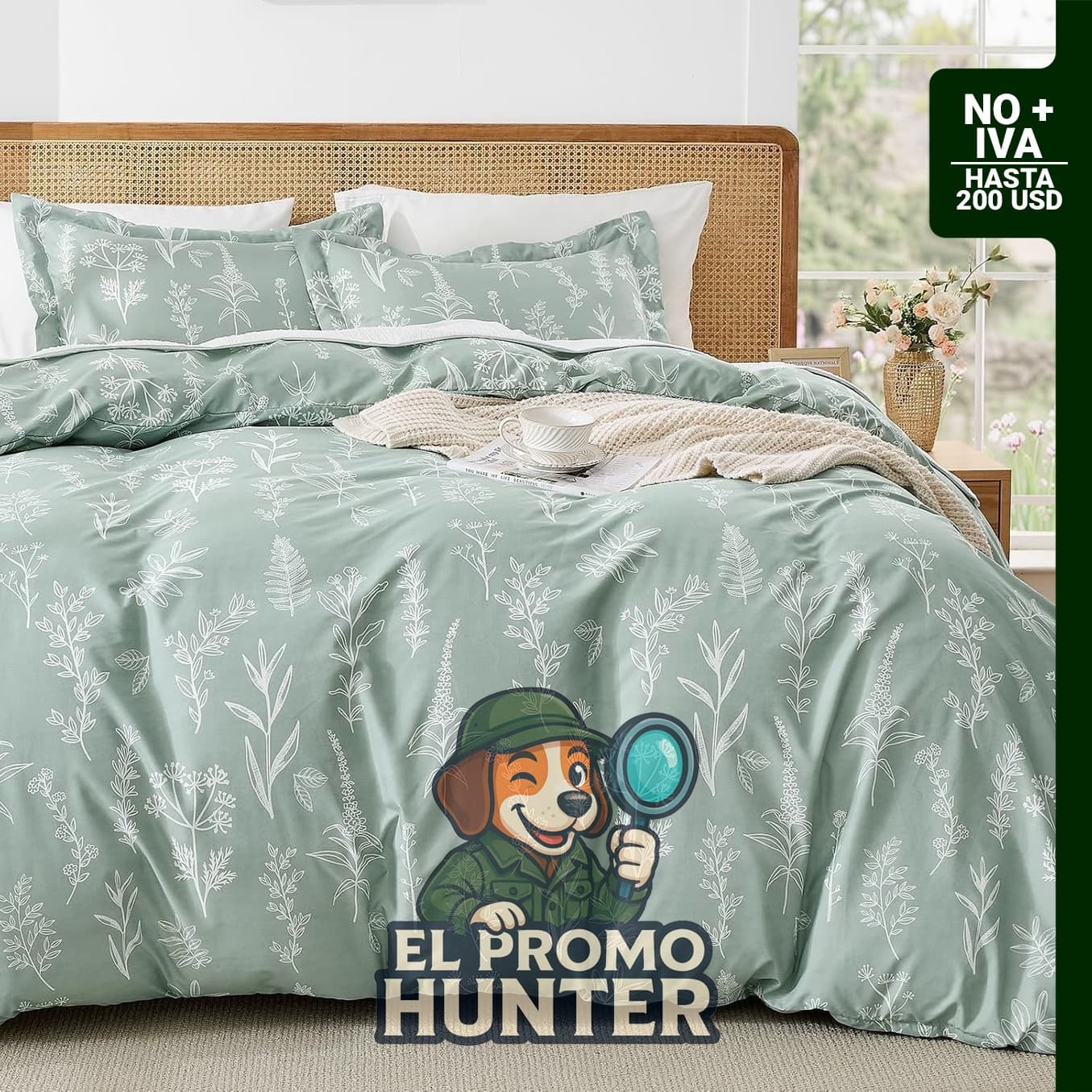 MUXHOMO Juego de funda de edredón tamaño Queen, reversible verde floral, 3 piezas de microfibra suave.