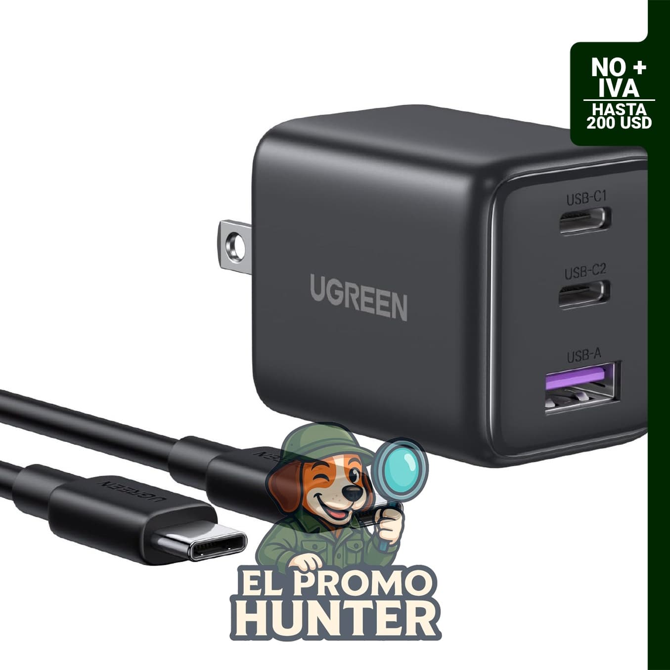 UGREEN Bloque de cargador USB C de 3 puertos de 30 W con cable USB C, negro.