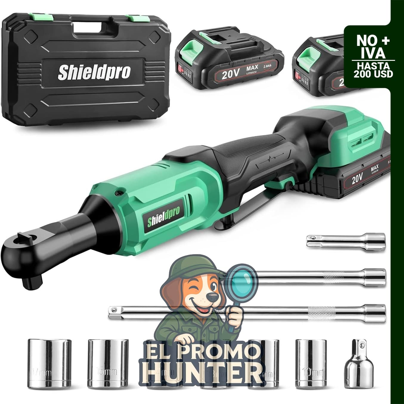 Juego de llaves de trinquete inalámbricas ShieldPro de 20 V, 3/8 pulgadas, 400 RPM, incluye 2 baterías y cargador.