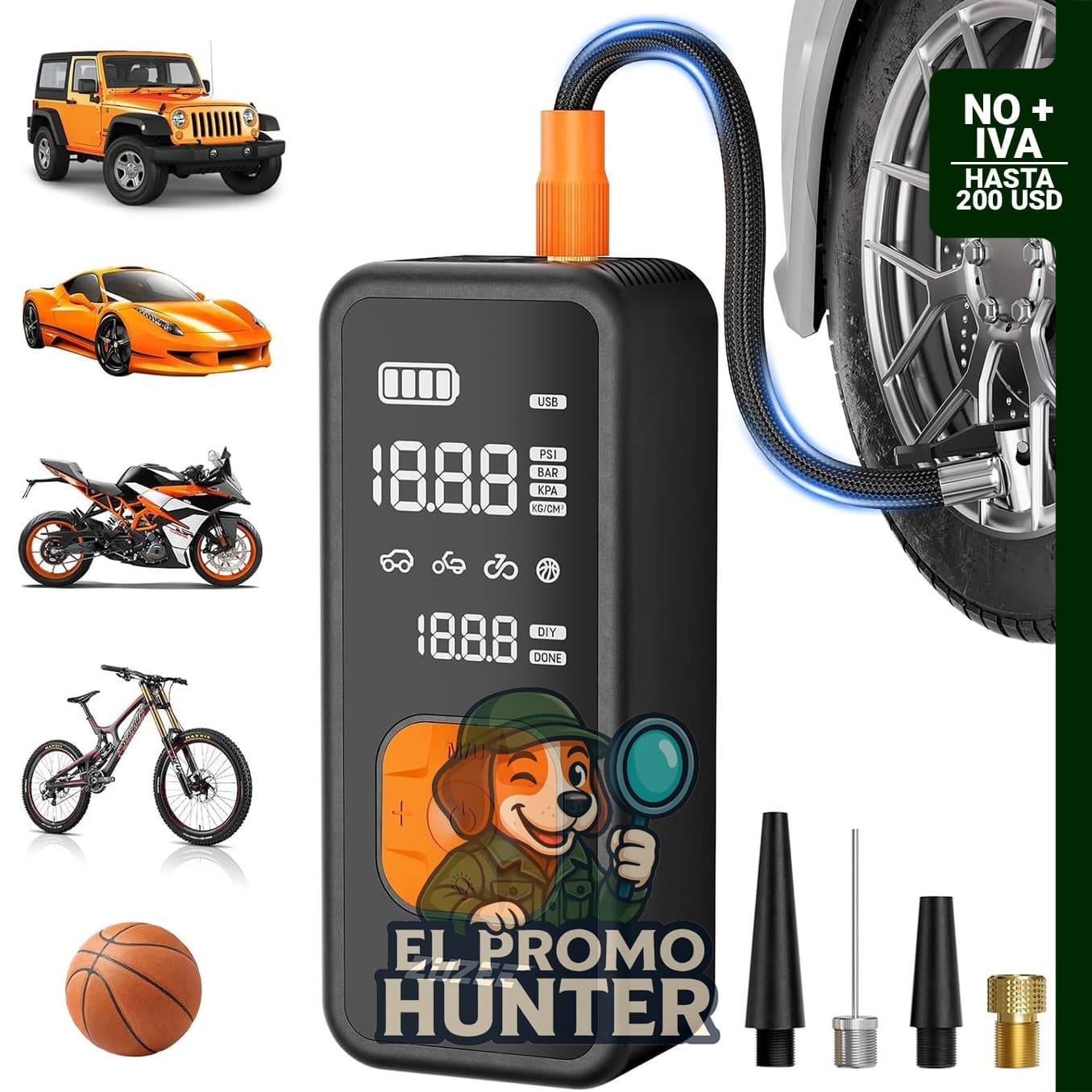 Compresor de aire portátil de 150 PSI para inflado de neumáticos de automóvil con medidor de presión digital y luz LED.