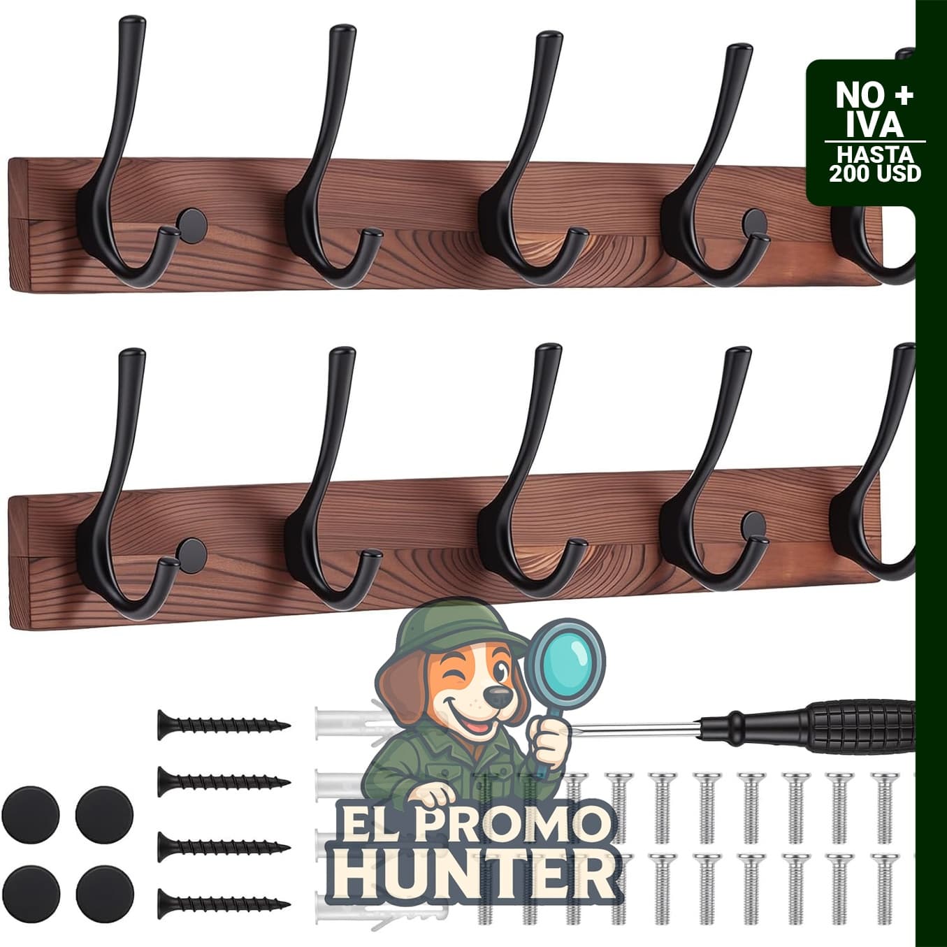 Paquete de 2 percheros de pared con 5 ganchos de madera de 40 cm, resistentes al óxido.