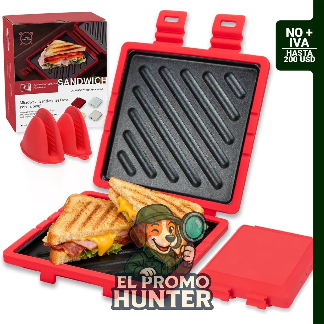 Microondas para hacer sándwiches, tostador con correa de silicona ajustable y revestimiento antiadherente removible.