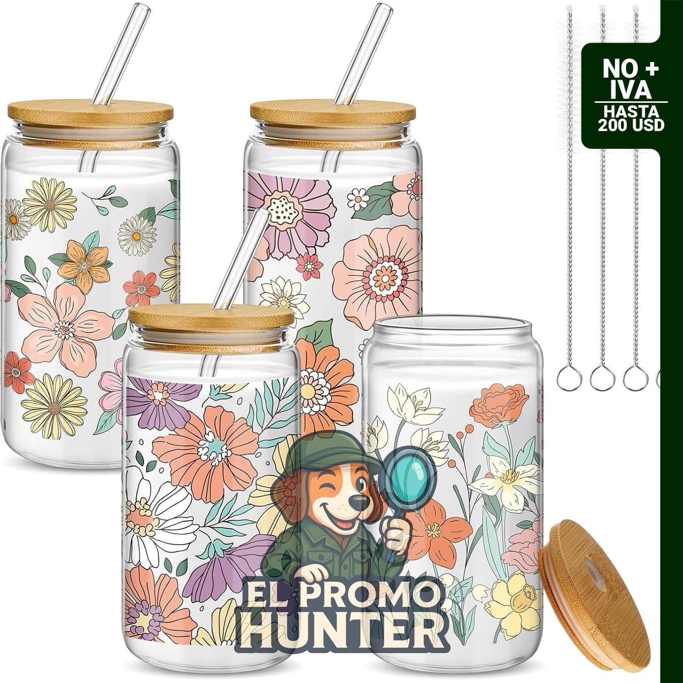 Mumufy Vaso Tumbler de Vidrio Bohemio de 16 oz con tapa de bambú y pajita, set de 4 piezas.