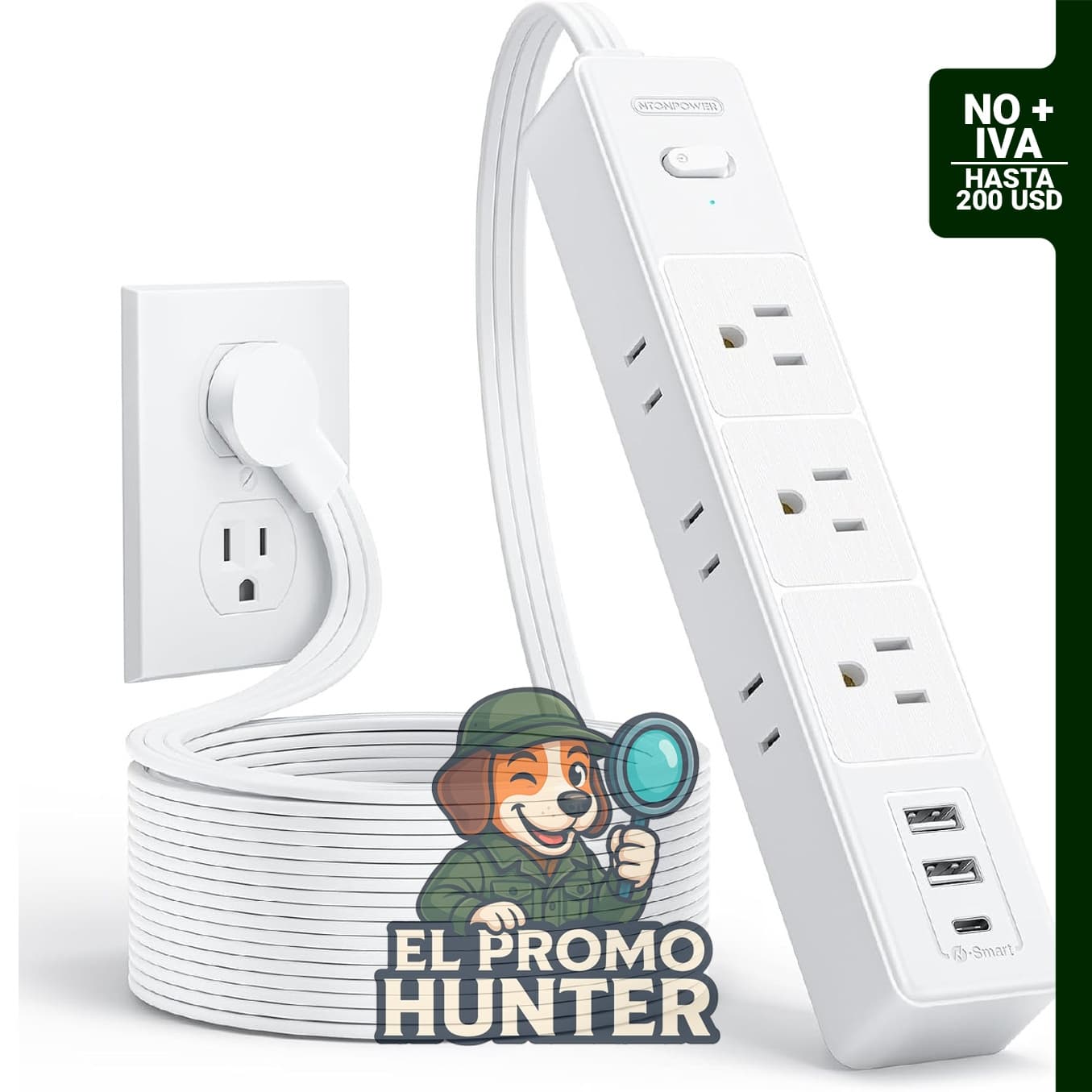NTONPOWER Cable de extensión plano de 10 pies con 6 salidas y 3 puertos USB (1 USB C), protección contra sobrecarga de 1625 W/13 A.