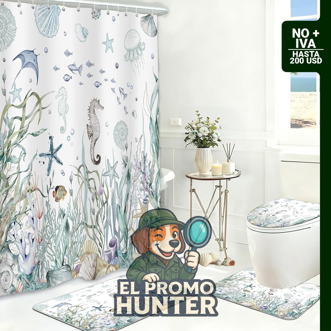 MEHOFOND Juego de 4 cortinas de ducha con diseño de conchas de mar y coral.