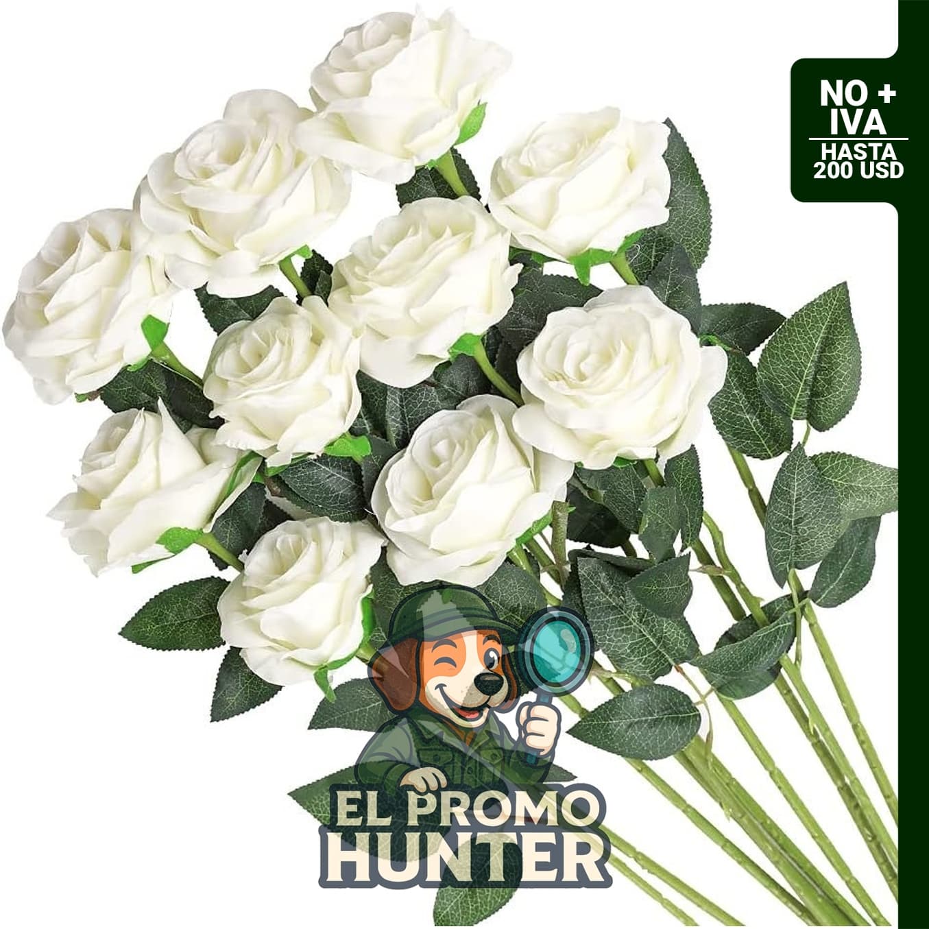 Ramo de 10 flores artificiales de rosas de seda, tallo curvado blanco para decoración.