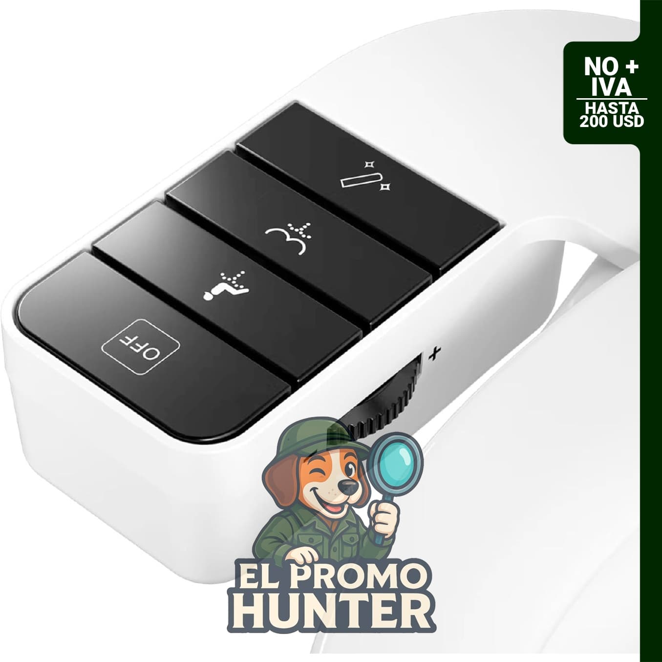 Accesorio de bidé retráctil autolimpiante para inodoros existentes, con controles de presión y lavado frontal.