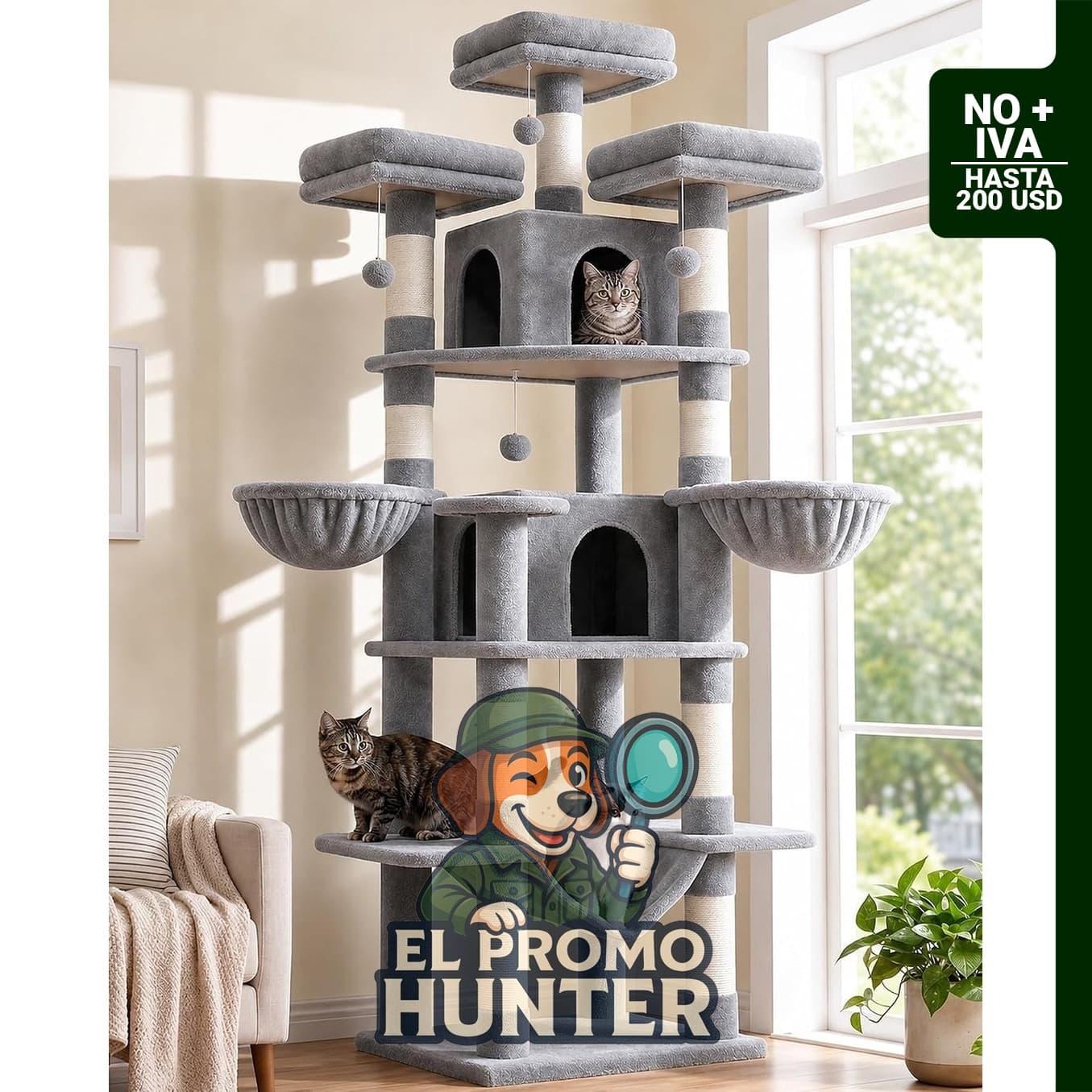 Globlazer F80, torre para gatos de 80" (203 cm) con postes para rascar, hamaca, 3 perchas, 2 condominios y 2 cestas colgantes.
