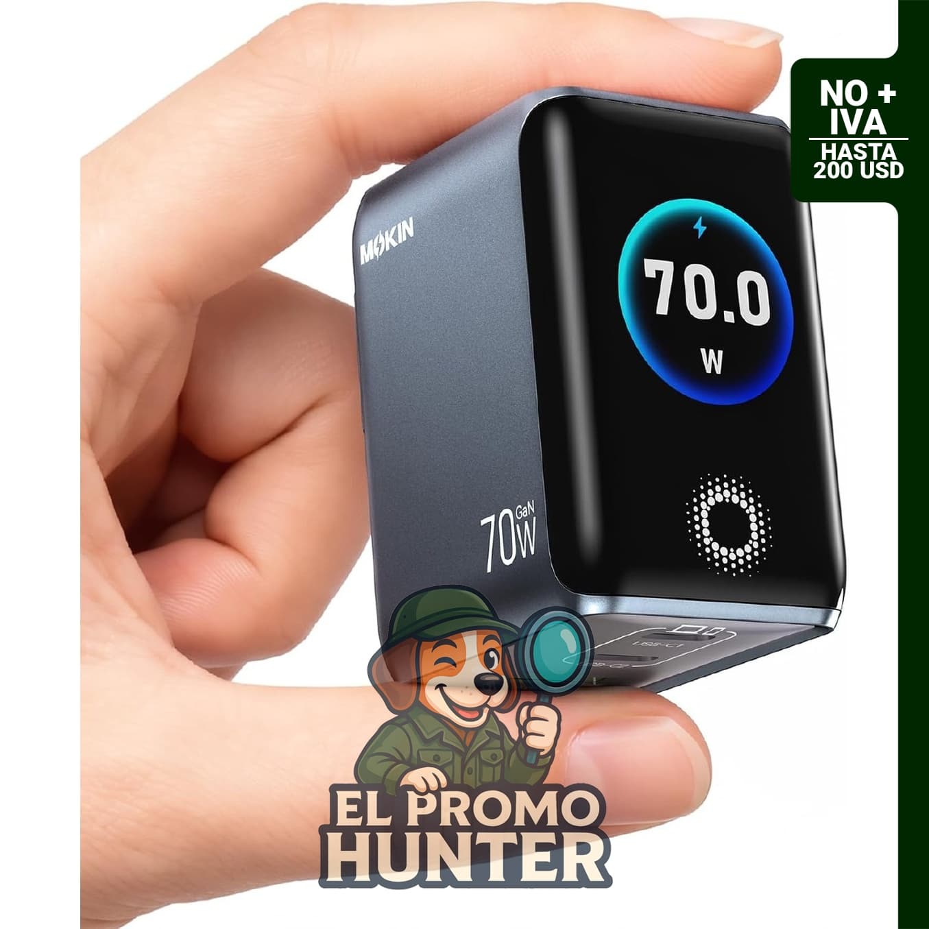 MOKiN Cargador USB C de 70 W con pantalla inteligente, mini cargador rápido GaN de 3 puertos.
