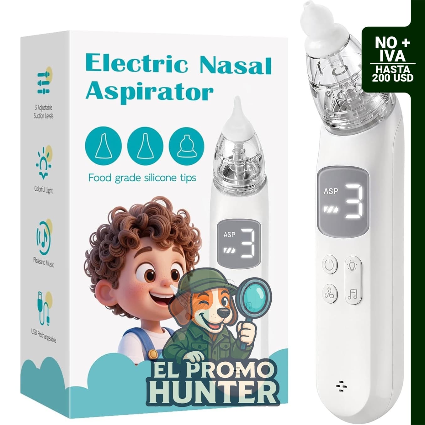 Aspirador nasal eléctrico Gancuiwen, diseñado para niños de 2 a 12 años, con 3 niveles de succión y 3 puntas de silicona intercambiables.