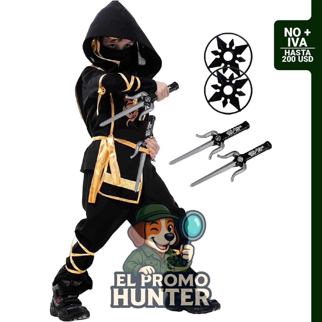 Disfraz de ninja para niños con accesorios de juguete de plástico para Halloween y cosplay.