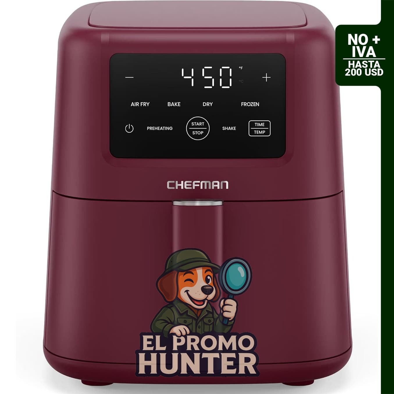 Chefman Freidora de aire 4 en 1, 3.5 qt, funciones de freír, hornear, deshidratar y congelar, temperatura máxima 450 °F.