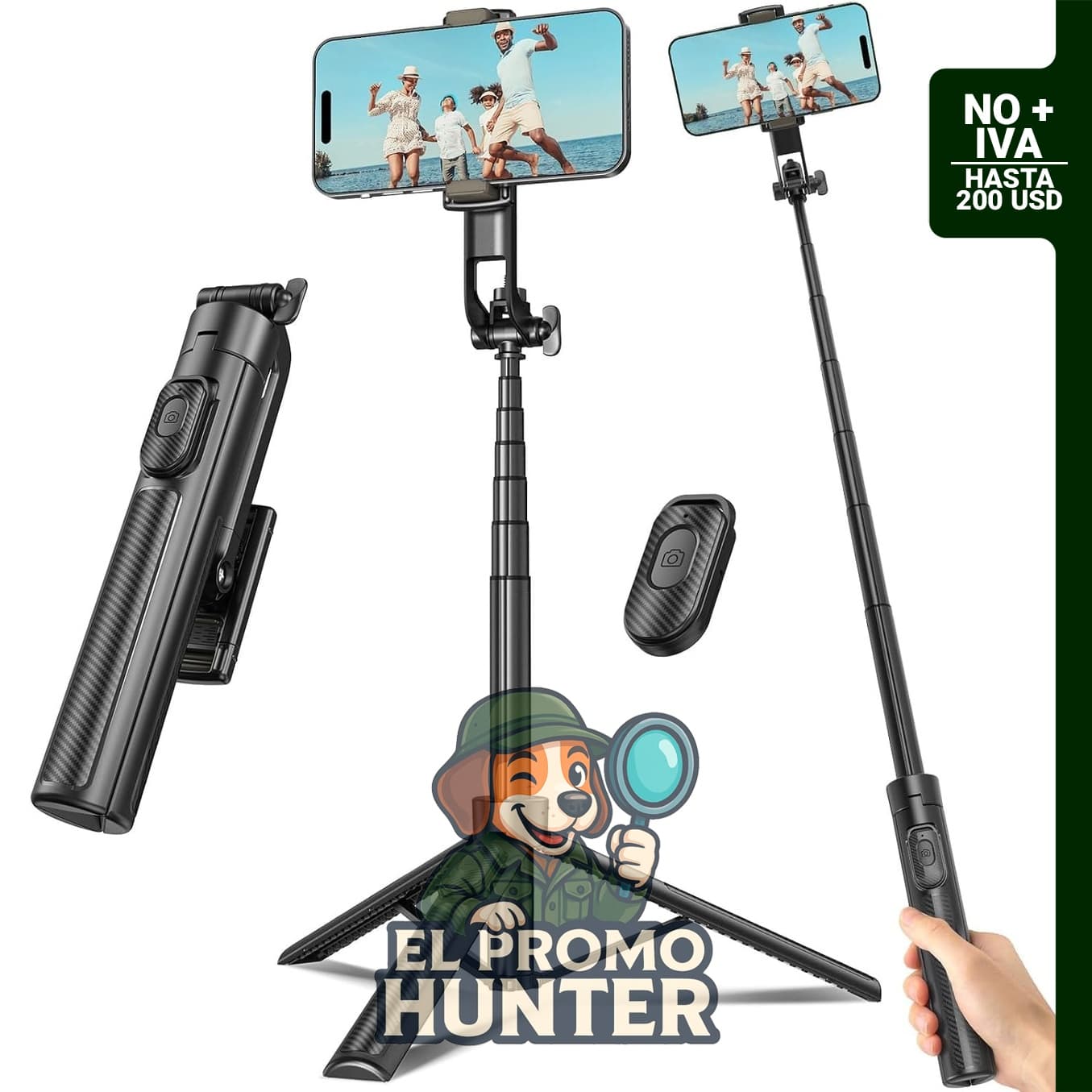 Palo Selfie Trípode de Viaje para Teléfono Celular, extensible hasta 127 cm, con control remoto.