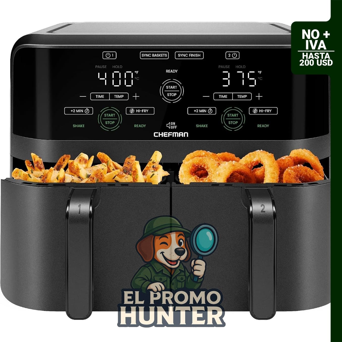 Chefman Freidora de Aire de Doble Canasta de 6 QT con pantalla táctil digital y apagado automático.