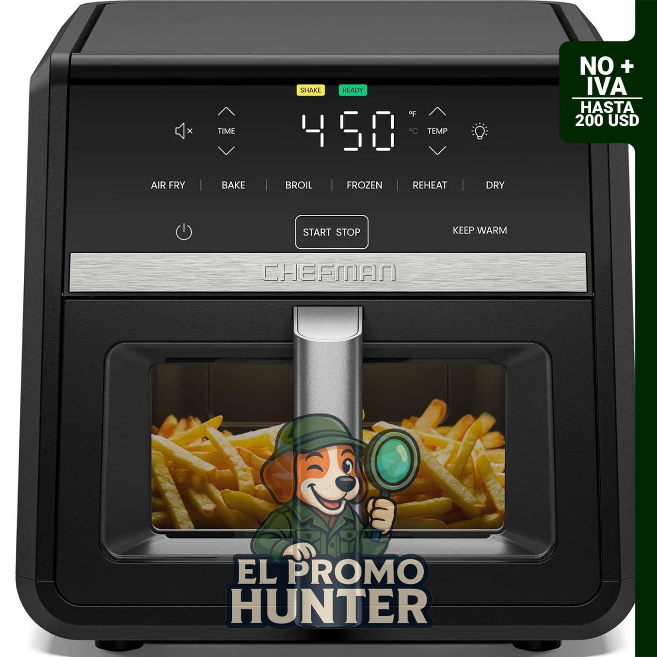 Chefman Freidora de aire TurboFry de 9 cuartos (8.5 L) con 7 funciones, incluye cesta XL y ventana de visualización.