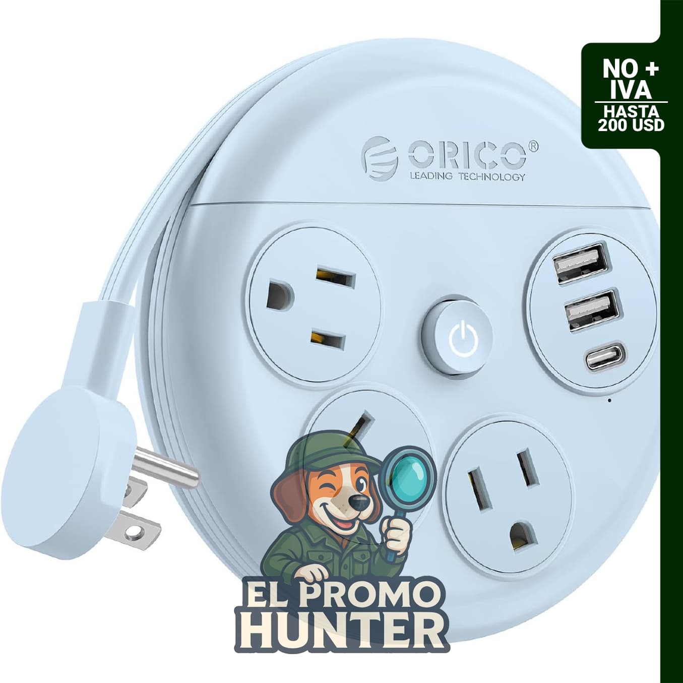 ORICO Regleta de alimentación de viaje, cable de extensión de 1.22 m.