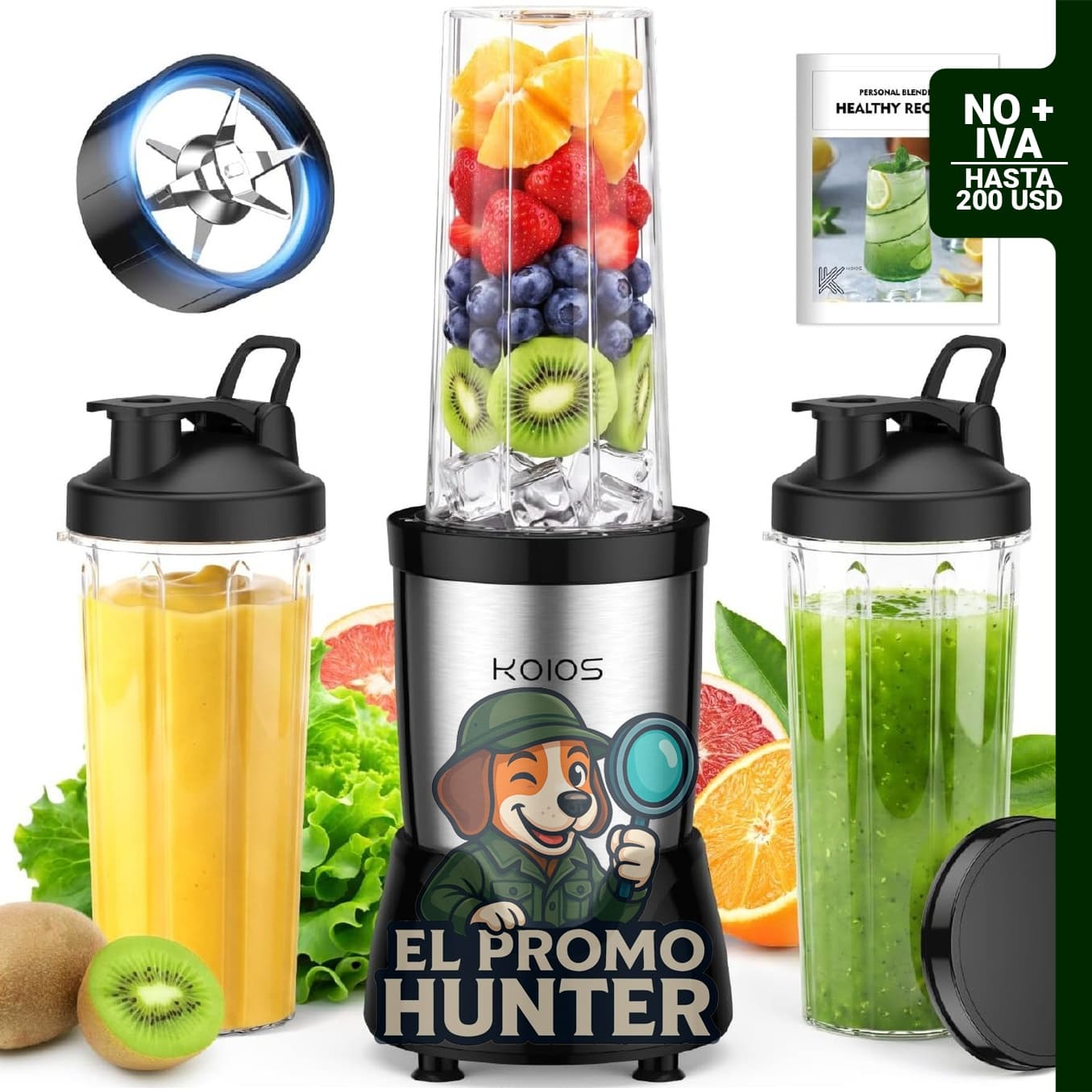 KOIOS Licuadora Personal para Batidos y Smoothies, incluye 3 vasos de 22 oz (650 ml) y cuchilla desmontable de 6 hojas.