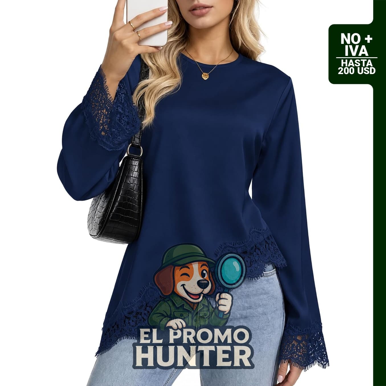 Blusa de manga larga con ribete de encaje para mujer.