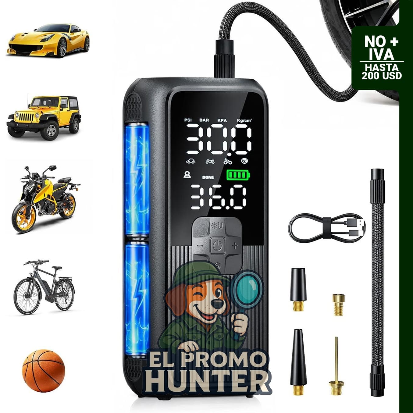 Compresor de aire portátil Birtokom para inflar neumáticos de coche, bicicletas, motocicletas y pelotas.