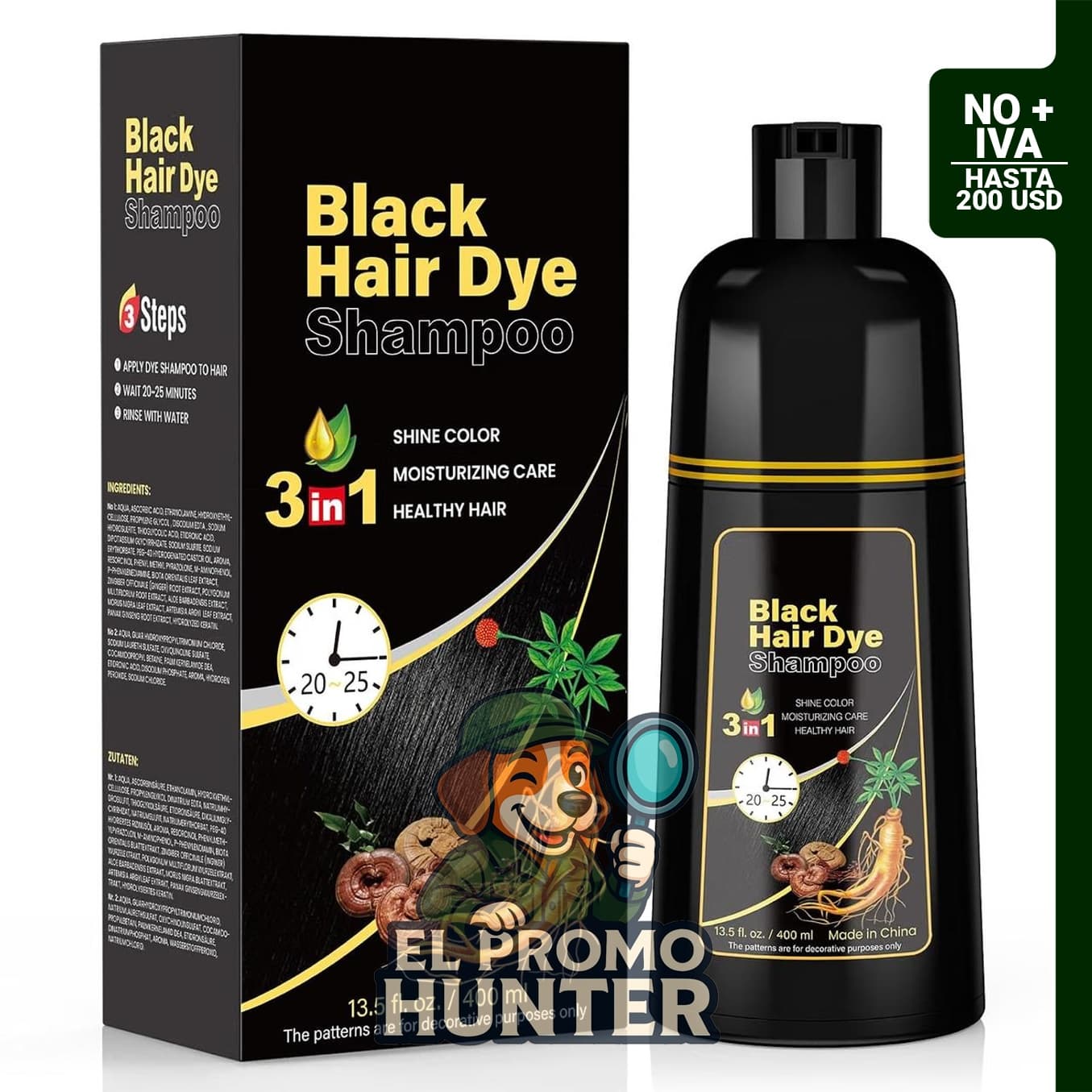 JUANCHI Champú de tinte negro para cabello gris, 13.5 fl oz (400 ml).