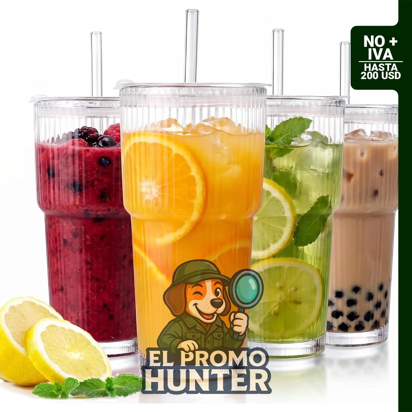 Vasos de vidrio de 18 oz (532 ml) con tapa y popote, aptos para café, té y batidos.