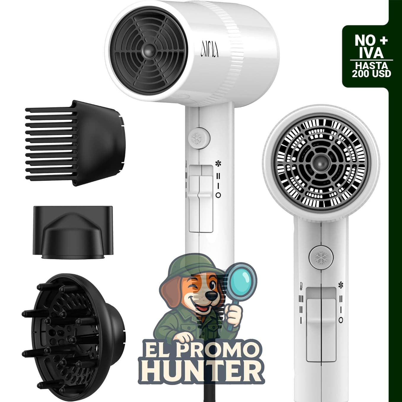 AINA Secador de pelo con difusor, 110V (blanco)