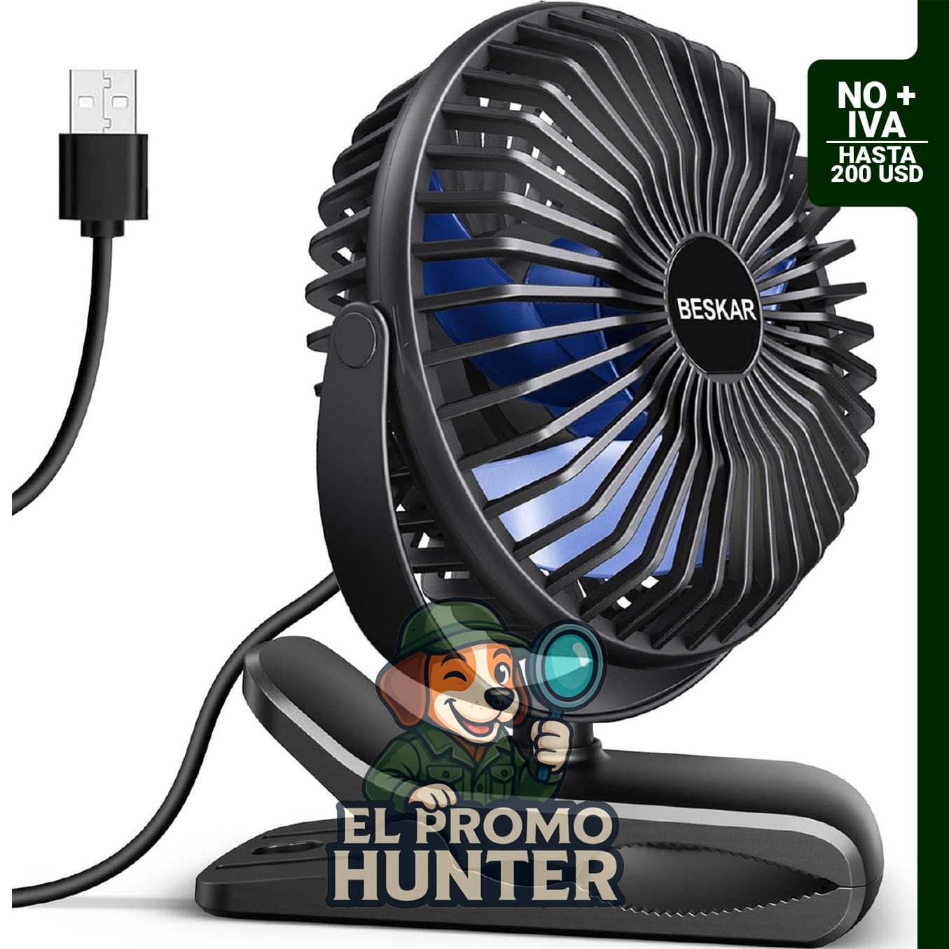 Ventilador BESKAR de clip portátil de 6" (15 cm) con alimentación USB y 3 velocidades.