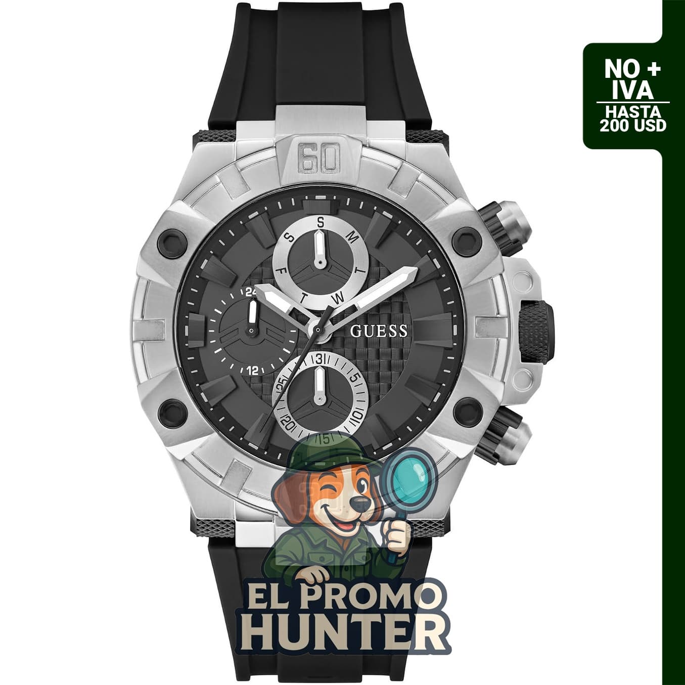 Reloj Guess para hombre de 46 mm con correa de silicona negra, esfera negra y caja en tono plateado.