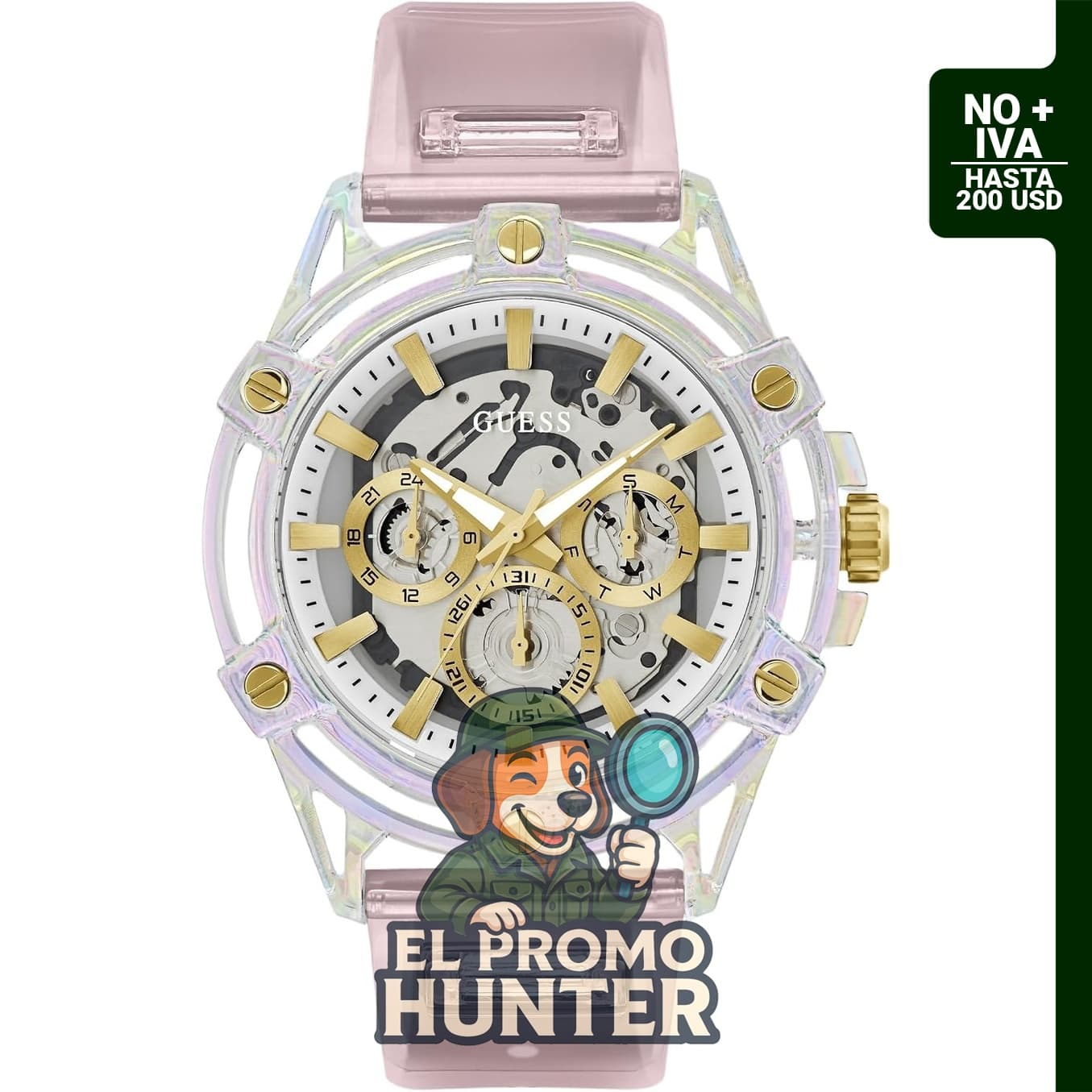 Reloj de silicona multifunción GUESS en color rosa y blanco.