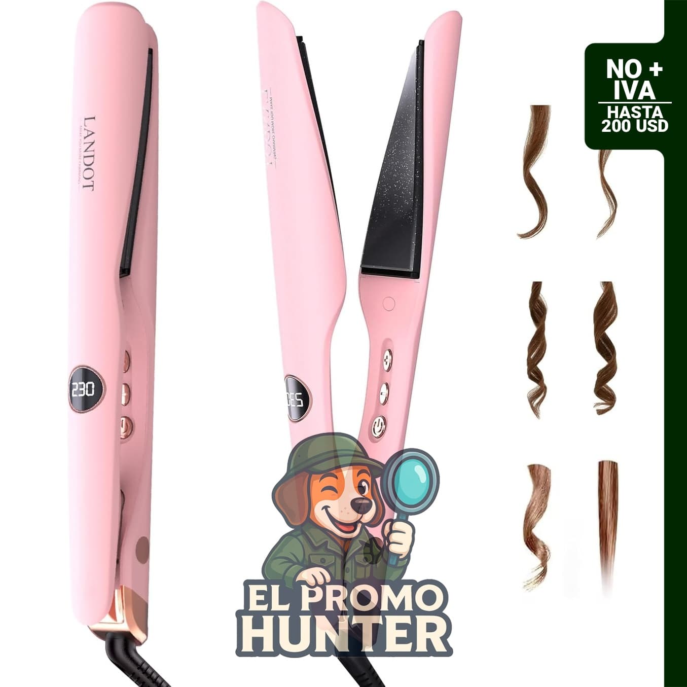 LANDOT Plancha y rizador de pelo 2 en 1, cerámica de turmalina, voltaje doble, temperatura ajustable.