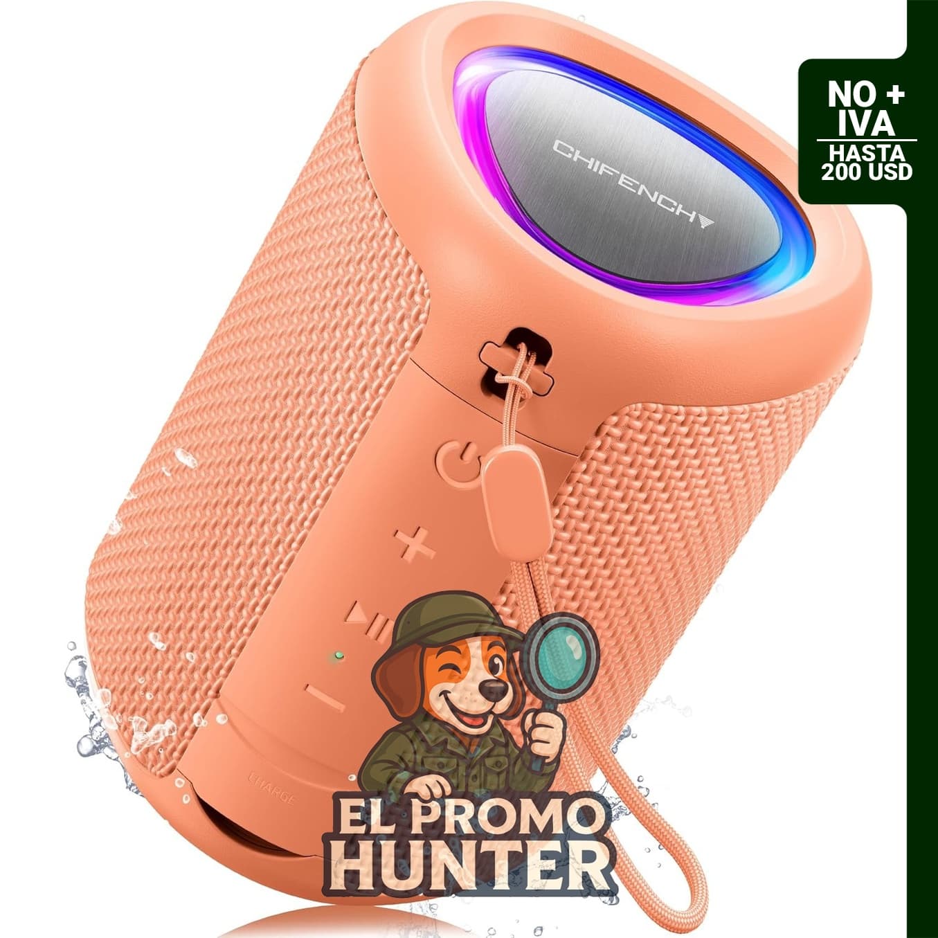 Altavoz Bluetooth portátil, ideal para viajes al aire libre.