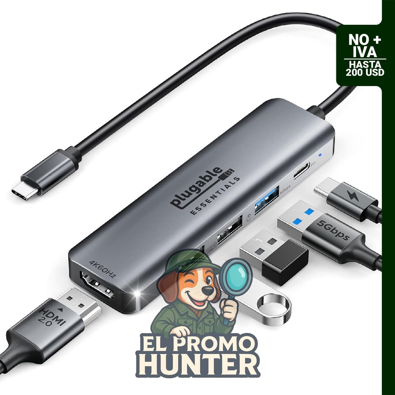 Plugable USB C Hub 5-en-1, adaptador USBC a HDMI 4K@60Hz, multipuerto.
