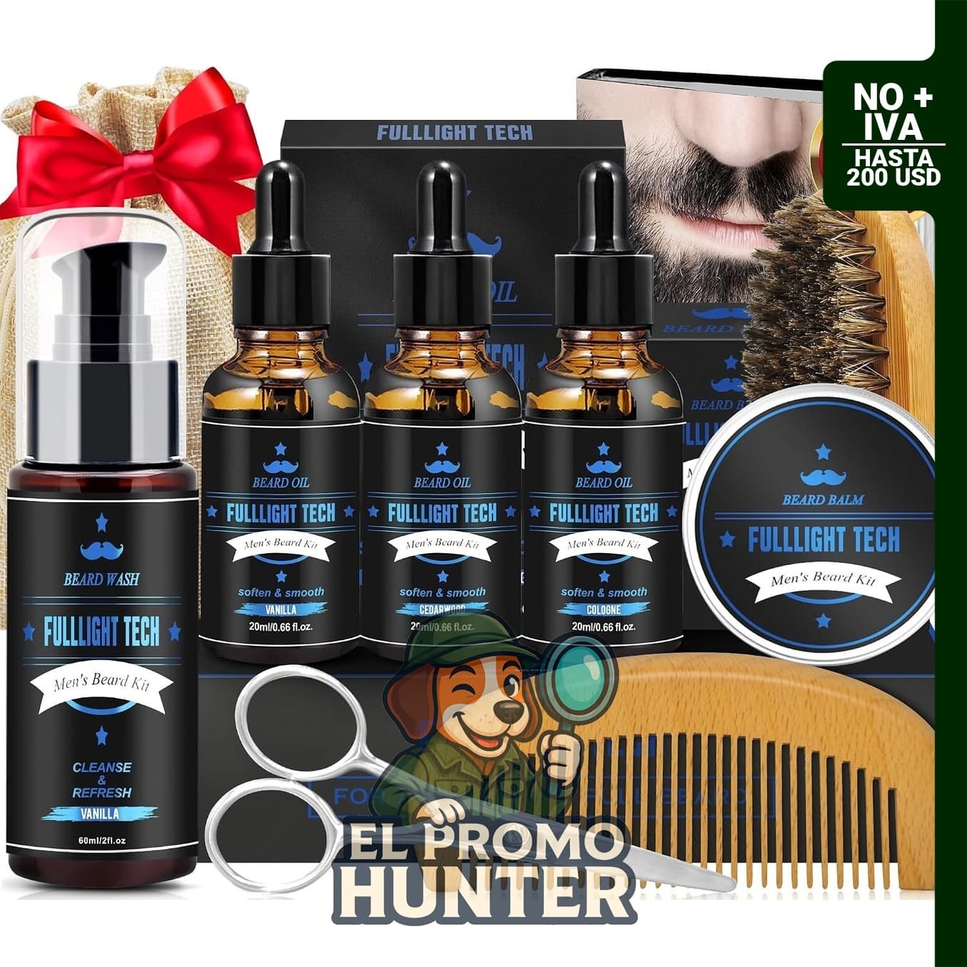 Kit de barba que incluye 3 aceites perfumados, champú, bálsamo de vainilla, cepillo, peine y tijeras.