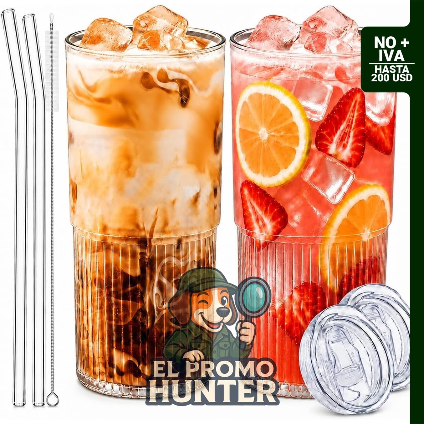 Luiaiog Tazas de vidrio de 18.5 oz (550 ml) con tapas y pajitas, juego de 2 vasos reutilizables.