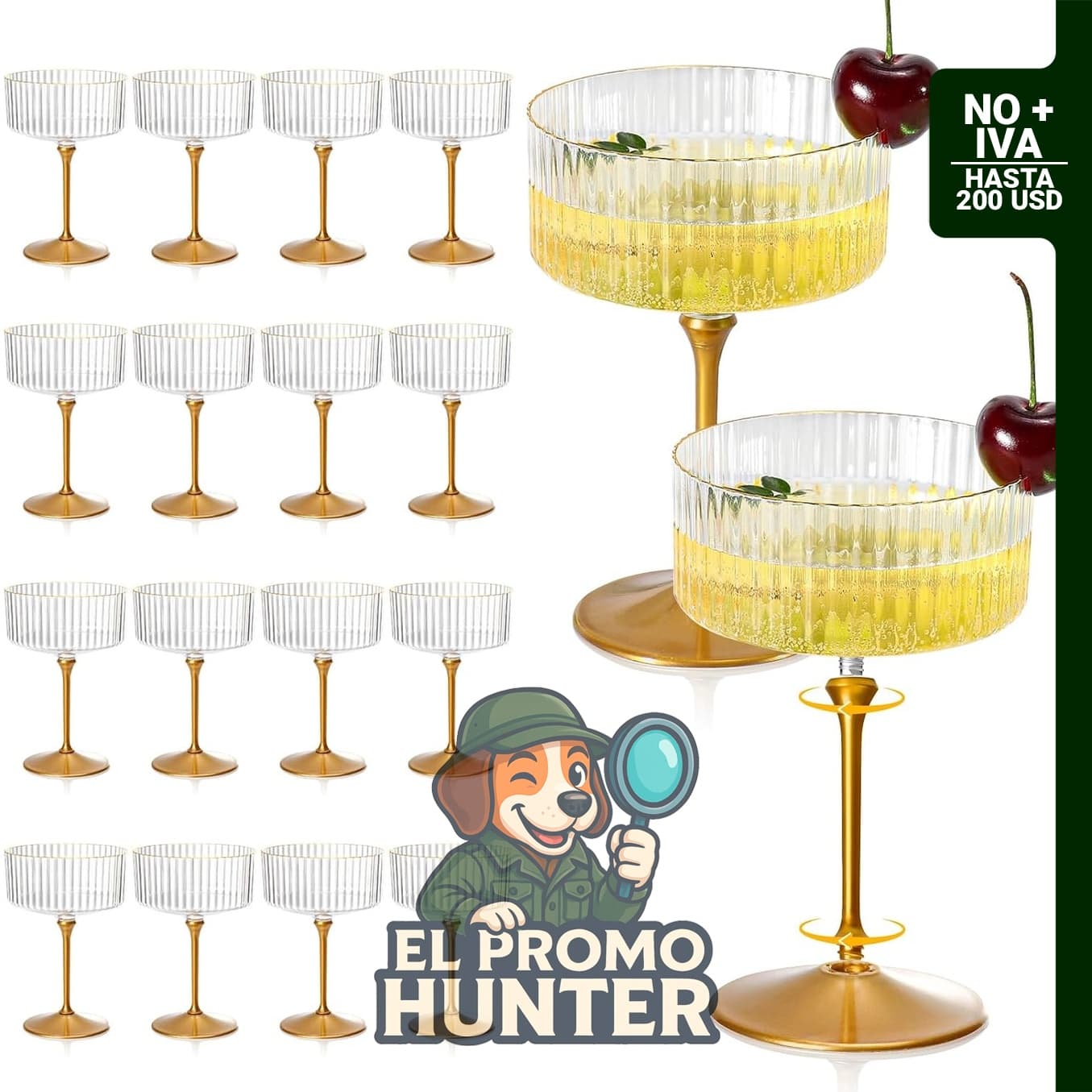 Juego de 24 copas desmontables de 10 oz, plástico transparente, acanaladas, borde dorado, desechables.