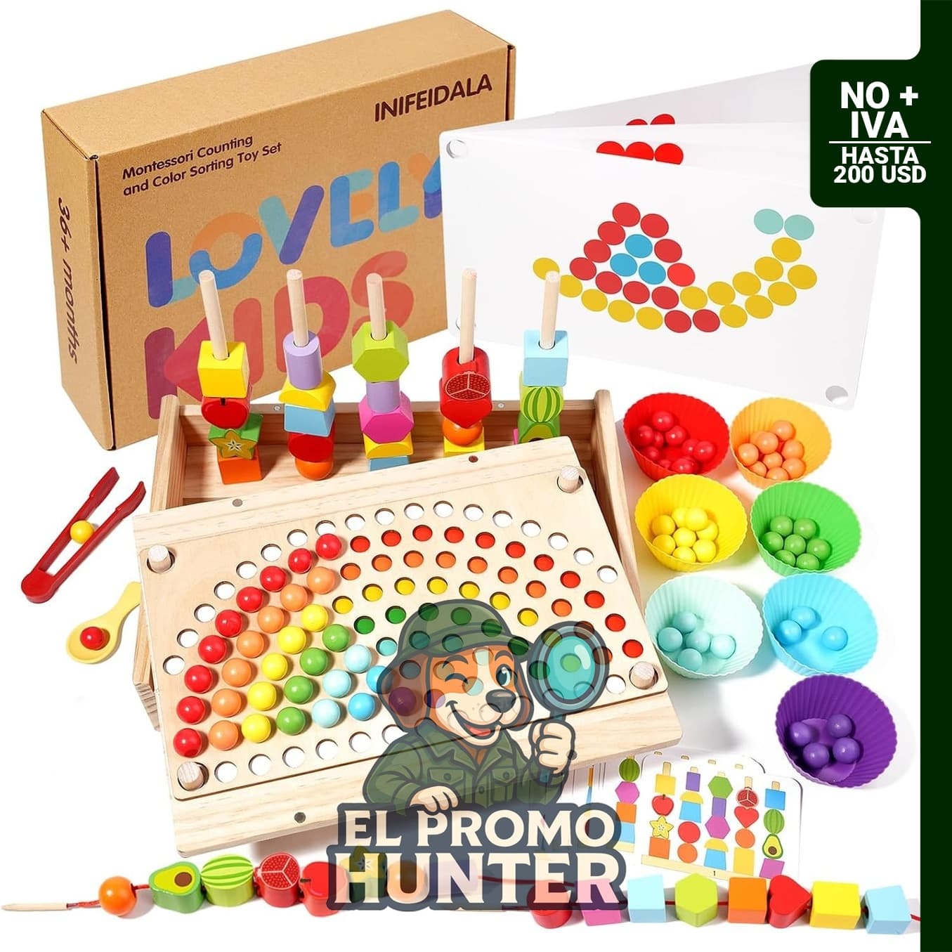 Juguetes Montessori de aprendizaje para niños pequeños, incluye apilamiento de arcoíris y cuentas de enhebrar.