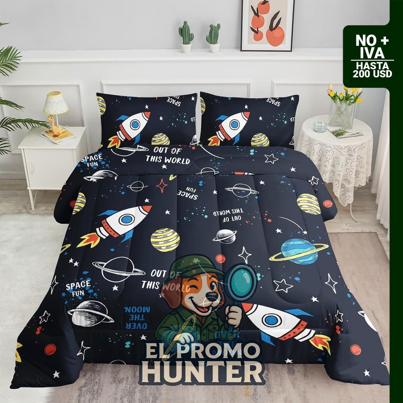 Juego de edredón de galaxia con estampado de cohete espacial, incluye 1 edredón y 2 fundas de almohada.