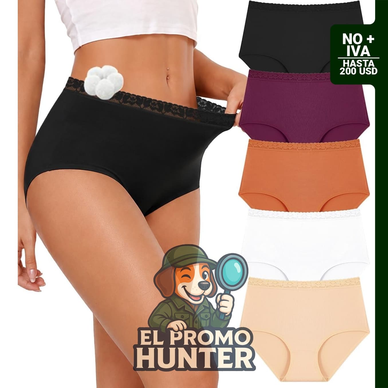 Ropa interior de algodón para mujer, cintura alta, cobertura completa, paquete de 5.