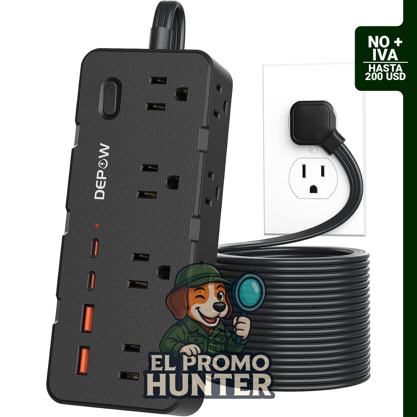 Regleta protectora contra sobretensiones con 8 tomacorrientes y 4 puertos USB.